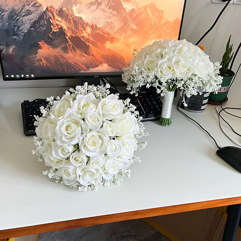 Bridal White Rose Bouquet with Baby's Breath