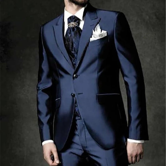 Navy Blue Peak Lapel Groom Tuxedo (Jacket+Pants+Vest)