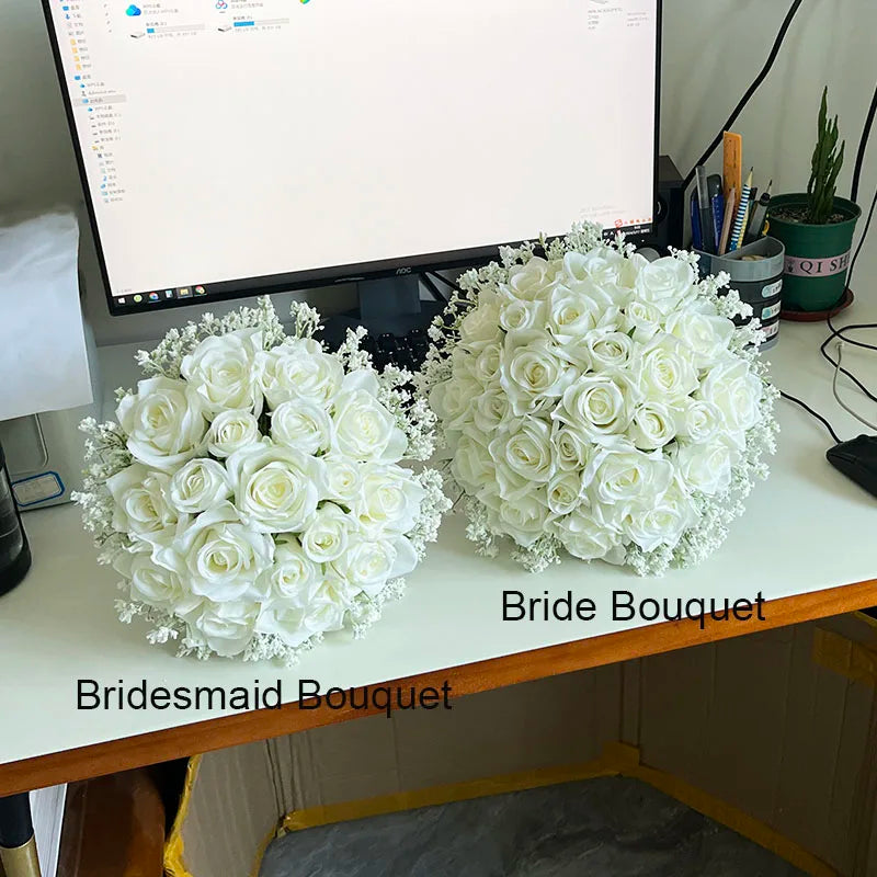 Bridal White Rose Bouquet with Baby's Breath