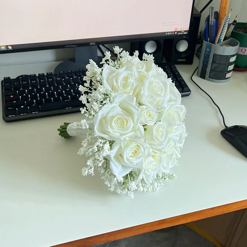 Bridal White Rose Bouquet with Baby's Breath