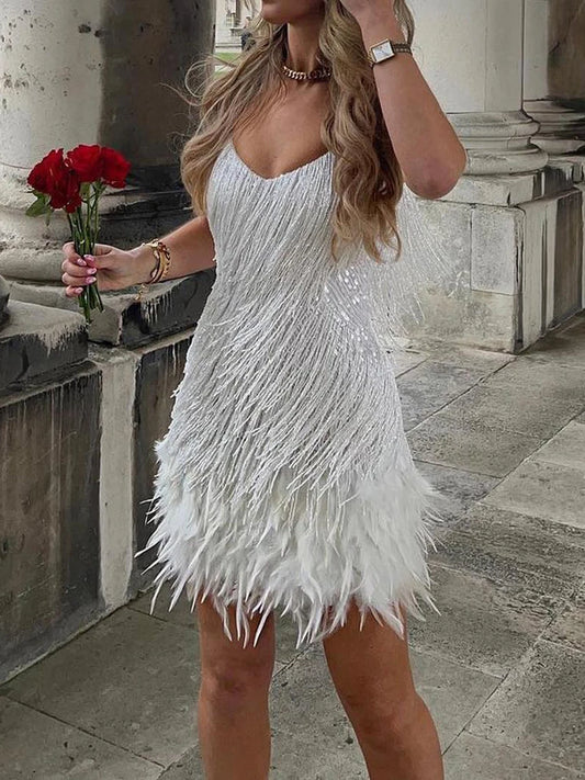 Women’s Luxury Sequined V-Neck Tassel Dress