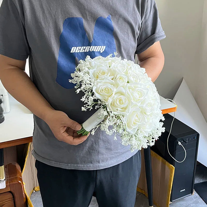 Bridal White Rose Bouquet with Baby's Breath