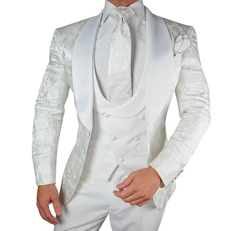 3-Piece White Floral Groom Suit