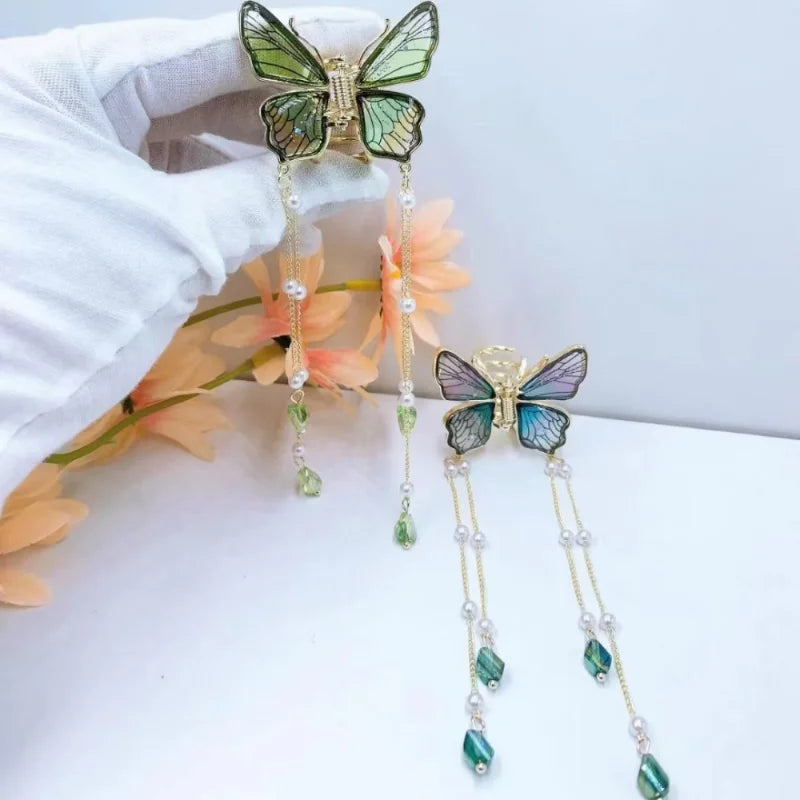 Butterfly Tassel Hairpin with Transparent Shark Clip