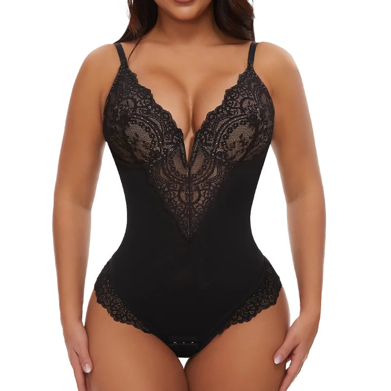 V-Neck Lace Body Shaper with Underwire Bra