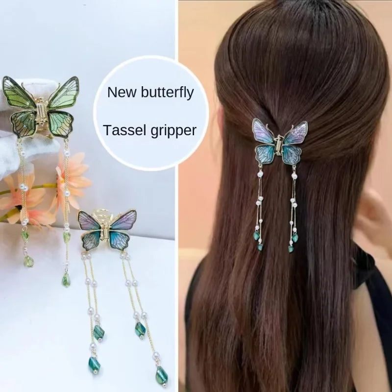 Butterfly Tassel Hairpin with Transparent Shark Clip