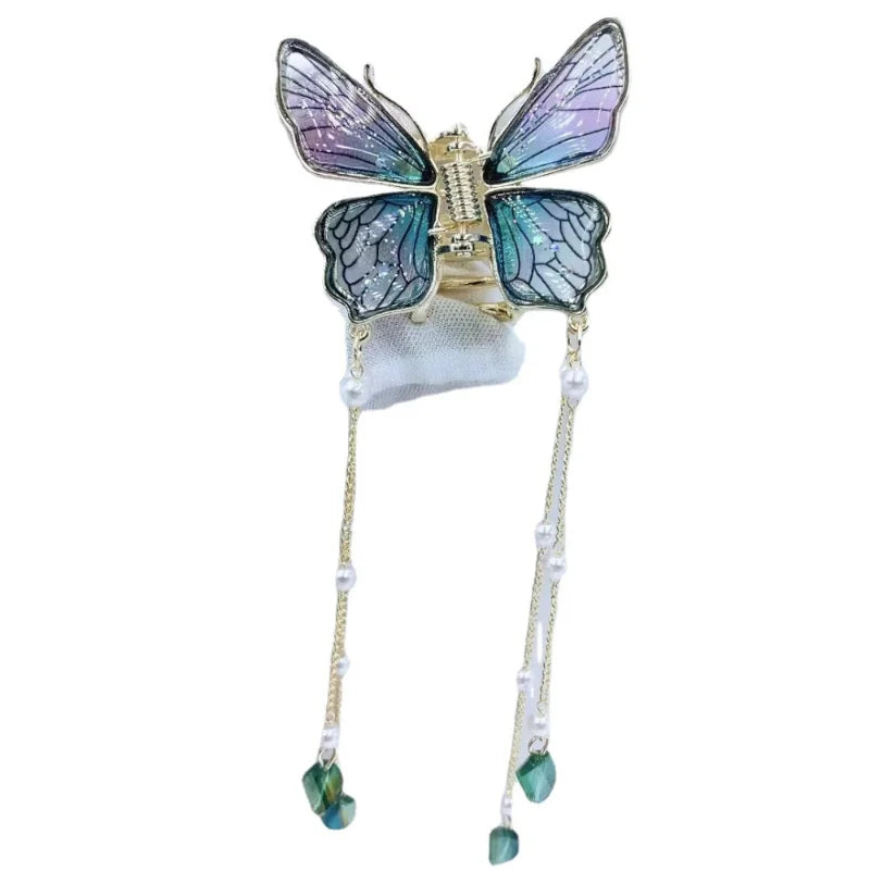 Butterfly Tassel Hairpin with Transparent Shark Clip