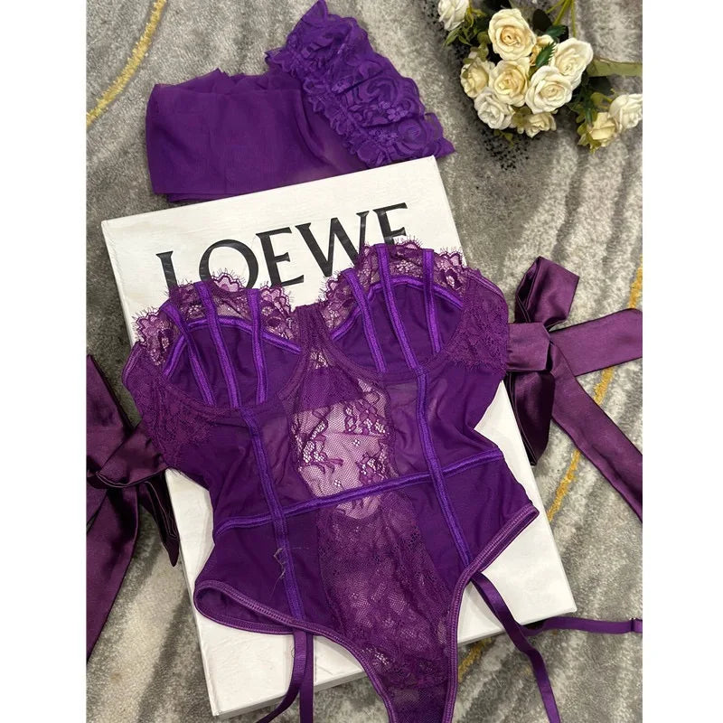 Purple Erotic Shapewear Bodysuit with Bowknot and Stockings