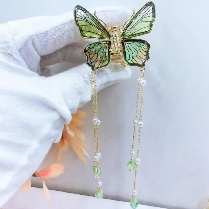 Butterfly Tassel Hairpin with Transparent Shark Clip