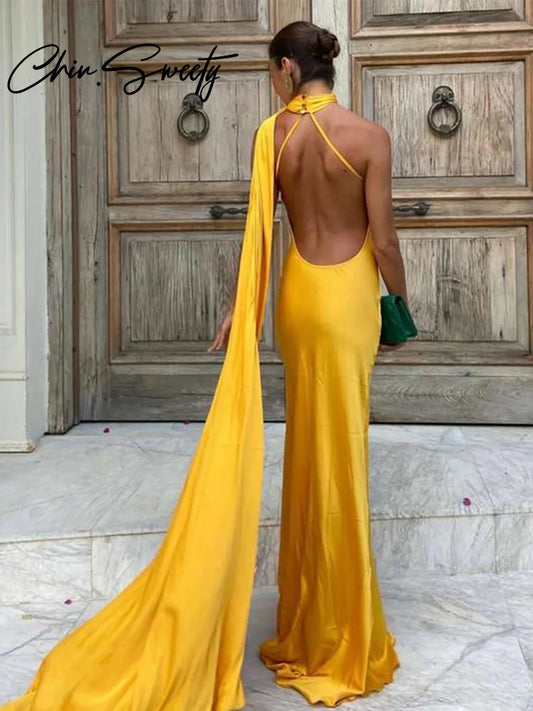 Backless Satin Halter Evening Dress