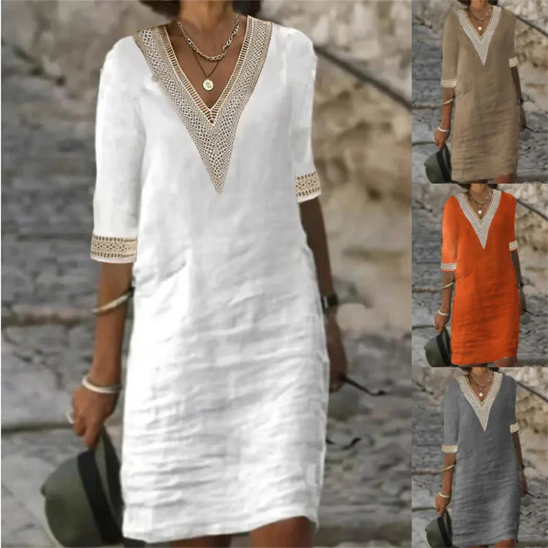 Women’s V-Neck Cotton Linen Dress