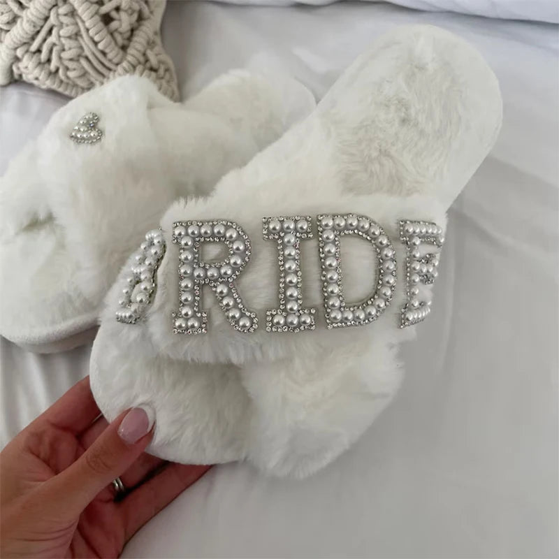 Bride to Be White Fluffy Slippers