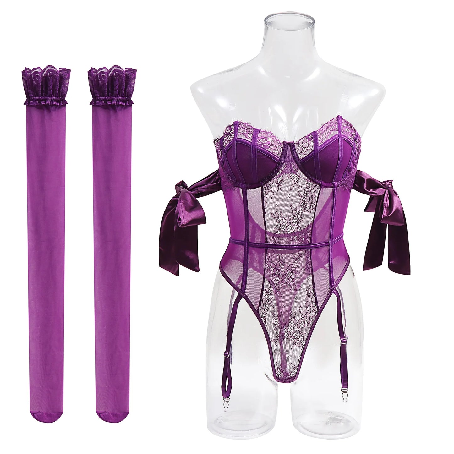 Purple Erotic Shapewear Bodysuit with Bowknot and Stockings