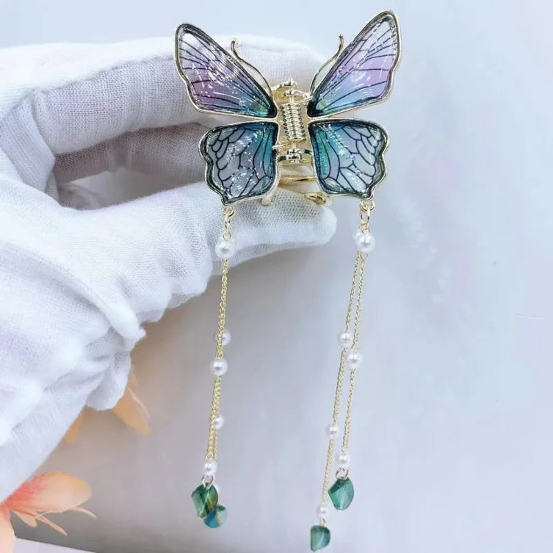 Butterfly Tassel Hairpin with Transparent Shark Clip