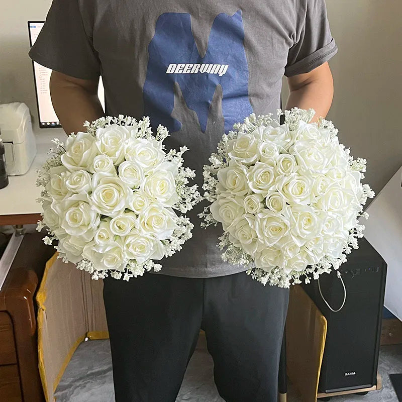 Bridal White Rose Bouquet with Baby's Breath