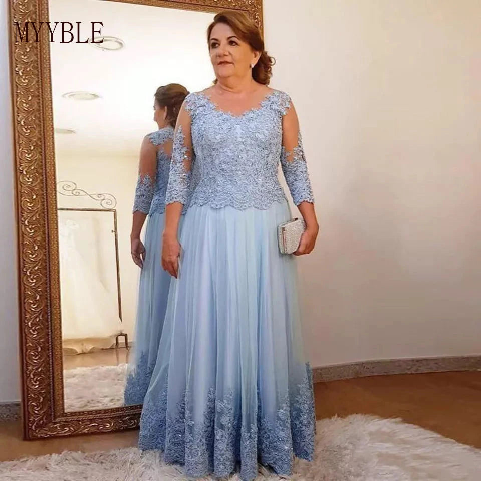 Blue Plus Size Mother of the Bride Dress - A-line, 3/4 Sleeves, Tulle