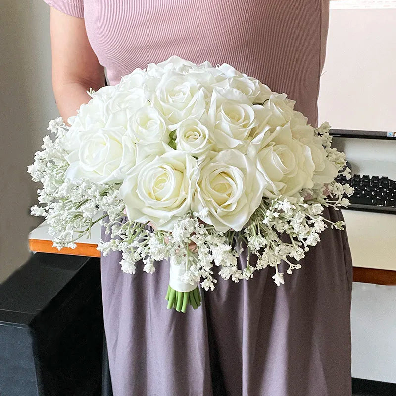 Bridal White Rose Bouquet with Baby's Breath