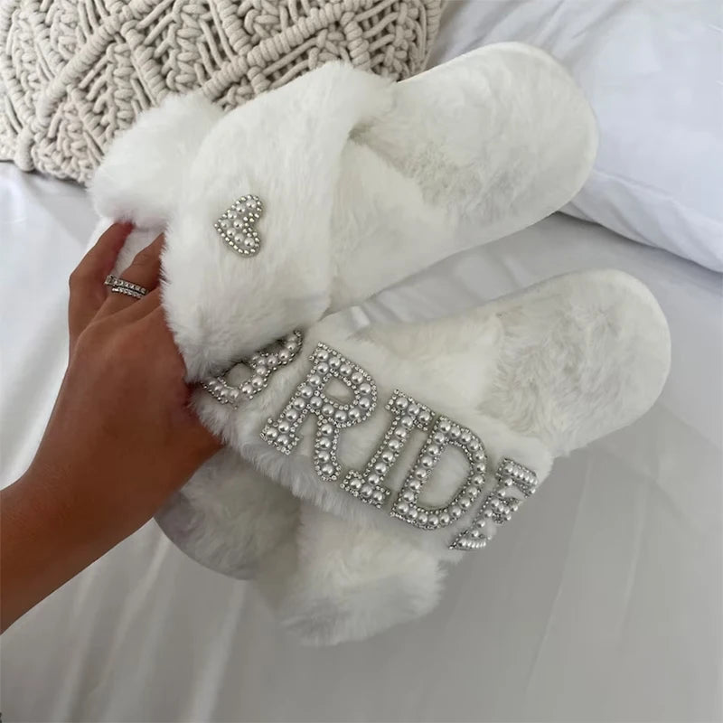 Bride to Be White Fluffy Slippers