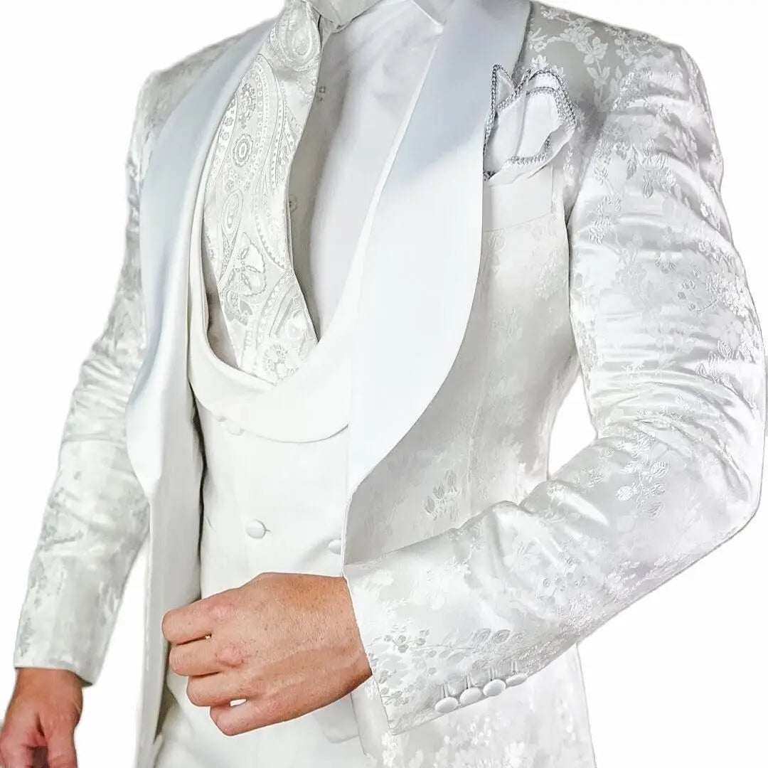 3-Piece White Floral Groom Suit