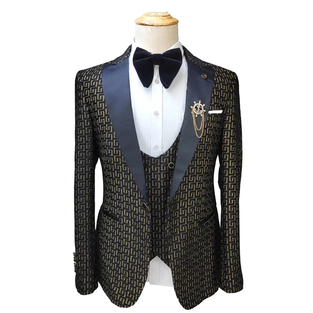 Black & White Gold Print 3-Piece Wedding Suit